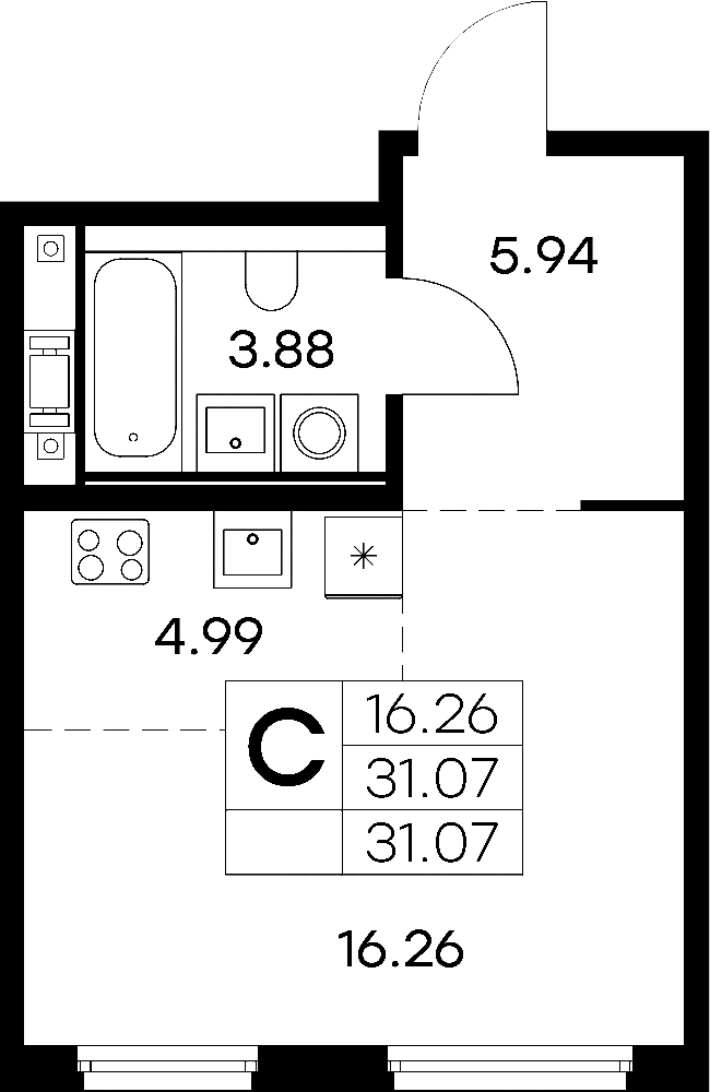 Квартира студия 31.07 м², 4/6 эт., ЖК «Glorax City Василеостровский»
